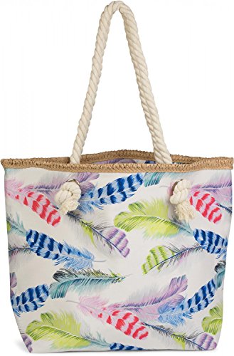styleBREAKER Strandtasche mit Buntem Feder Muster und Reißverschluss, Schultertasche, Shopper, Badetasche, Damen 02012059, Farbe:Weiß-Blau