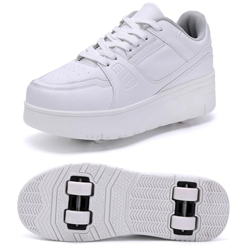 XRDSHY Sportschuhe Skateboard Outdoor Gymnastik Turnschuhe Schuhe Mit 4 Rollen Freizeitschuh Drucktaste Einstellbare Skateboardschuhe Für Kinder Mädchen Junge Erwachsene, White-34 EU