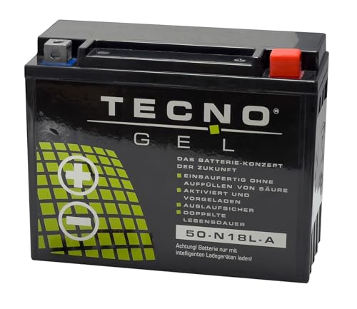 TECNO-GEL Motorrad-Batterie Y50-N18L-A für YAMAHA XV 1100 SP, Virago 1989-1999, 12V Gel-Batterie 20Ah (DIN 52016), 205x90x160 mm inkl. Pfand