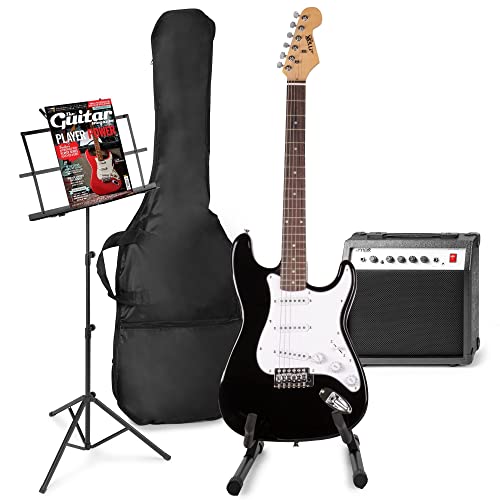 MAX GigKit E-Gitarre Set - Gitarrenverstärker 40 Watt, Elektrische Gitarrensetuitar, Gitarrrenständer, Notenständer, Gitarrentasche, Stimmgerät, Instrumentenkabel, Gurt und Zubehör - Schwarz