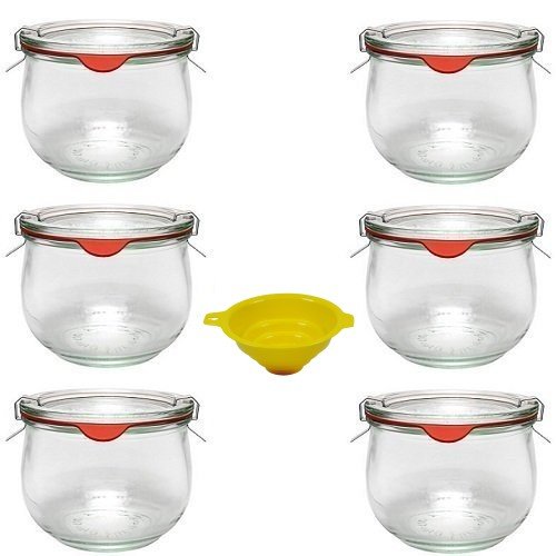 Viva Haushaltswaren - 6 x kleines Weckglas/Einmachglas 500 ml mit Deckel in in Tulpenform, leeres Rundrandglas zum Einkochen - als Vorspeisenglas, Dessertglas (inkl. Klammern, Ringen & Trichter)