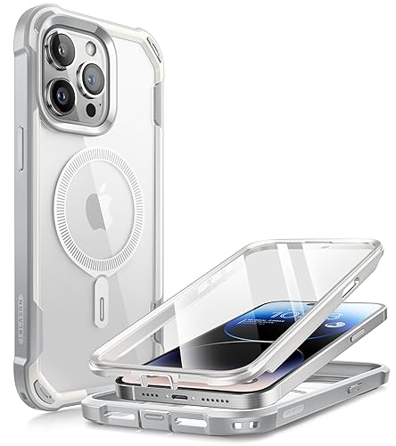 i-Blason Ares Mag Hülle für iPhone 15 Pro Max (6.7") 2023, Kompatibel mit MagSafe, Bumper Case Transparent Handyhülle Robust Schutzhülle Cover mit integriert Displayschutz, Weiß