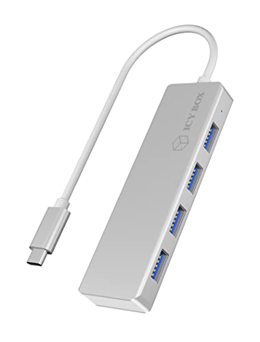 ICY BOX 4-fach USB-C Hub mit 4x USB 3.0, USB 3.0 Anschluss, Aluminium, integriertes Kabel, silber/weiß