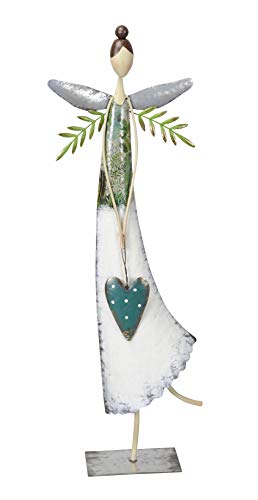 Posiwio große dekorative nostalgische Dekofigur Elfe mit petrolfarbenem Herz Metall weiß-grün von Hand bemalt