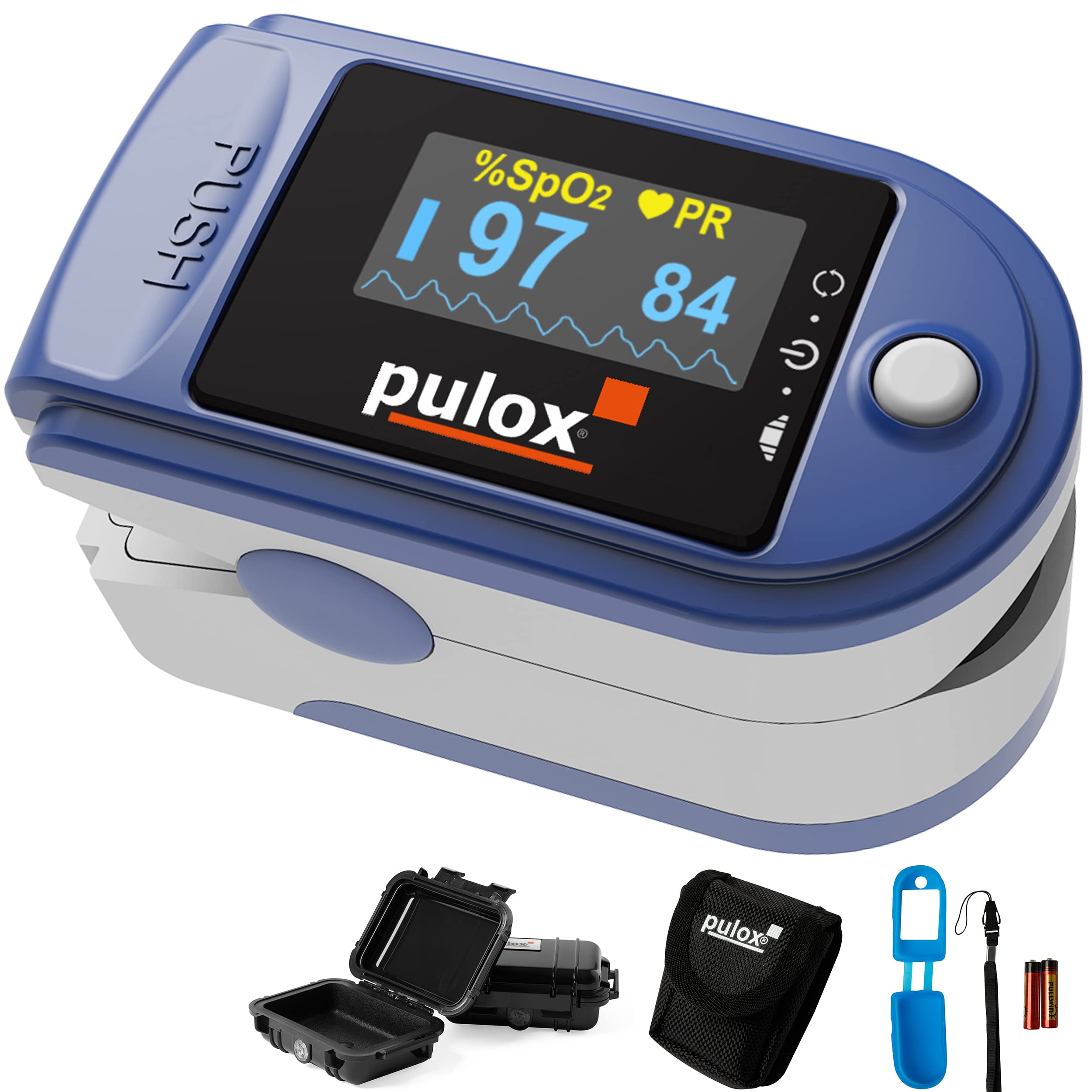 Pulsoximeter Pulox PO-200 Set zur Messung von Puls und Sauerstoffsättigung am Finger inkl. Hardcase, Silikonschutzhülle, Batterien und Trageband in Dunkelblau Oximeter mit drehbarem LCD Display