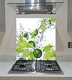Splash back Tempered Glass Panel Kitchen Limes in the Splash Water on the White Background, Any Size, Va Art Glass (wide 60 x height 65 /cm)