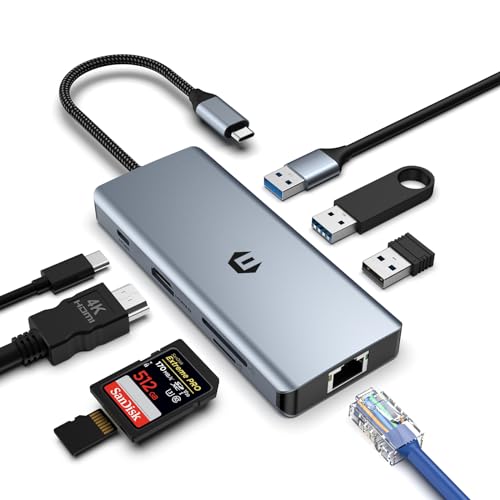 USB C HUB, 8 in 1 USB Docking, USB 3.0 HUB, USB C HUB mit 4K HDMI, 100W PD, Gigabit Ethernet, 2 USB 3.0, USB 2.0, SD/TF Kartenleser, Kompatibel mit Windows, Laptop