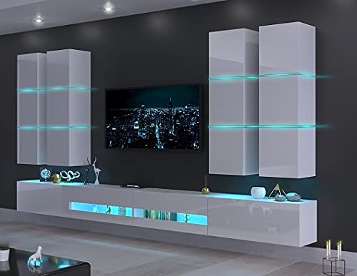 Furnitech Jurat AN51 Möbel Schrankwand Wandschrank Wohnwand Mediawand mit Led Beleuchtung Wohnzimmer (LED blau, AN51-18HG-W2)