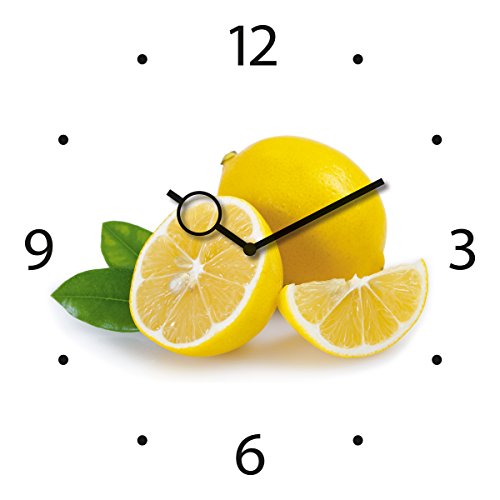 Wanduhr aus Glas für die Küche, Lemon Time, Zitronen, gelb, weiß, 30x30 cm von Eurographics