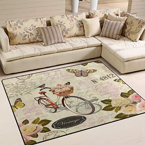 Use7 Teppich, Vintage-Rosenmuster, Schmetterling und Fahrrad, für Wohnzimmer, Schlafzimmer, Textil, mehrfarbig, 160cm x 122cm(5.3 x 4 feet)