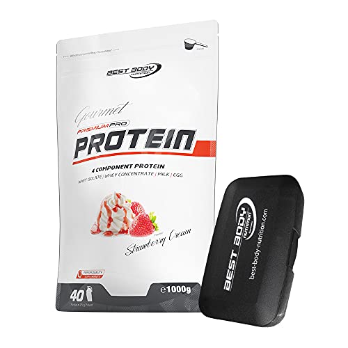1kg Best Body Nutrition Gourmet 4 Komponenten Protein Eiweißshake - Set inkl. Protein Shaker / Gratiszugabe (Strawberry Cream, Best Body Tablettenbox)