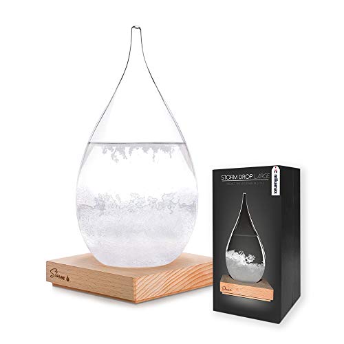 mikamax - Wettervorhersage Glas - Storm Glass Drop Large - Barometer - Wetterstation - mit Hölzer Stand - Maße 10 x 11 x 23 cm - Geschenk für Männer und Frauen