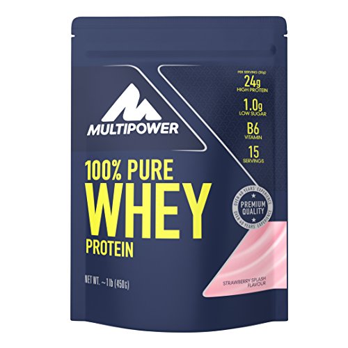 Multipower 100% Pure Whey Protein – wasserlösliches Proteinpulver mit Erdbeer Geschmack – Eiweißpulver mit Whey Isolate als Hauptquelle – Vitamin B6 und hohem BCAA-Anteil – 450 g
