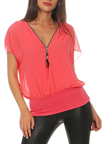 Malito Damen Kurzarm Bluse im Fledermaus Look | Tunika mit Zipper | T-Shirt mit breitem Bund | Shirt - elegant 6298 (Coral)