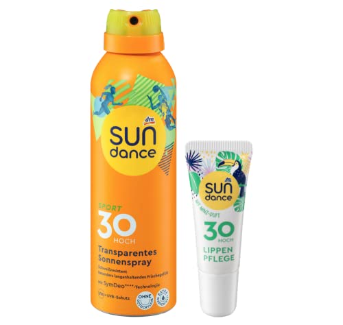 SUNDANCE 2er-Set Sonnenschutz: Sonnenspray SPORT transparent, auch für die Kopfhaut geeignet, schweißresistent LSF 30 (200 ml) + Lippenpflege MINZE LSF 30 (10 ml), 210 ml