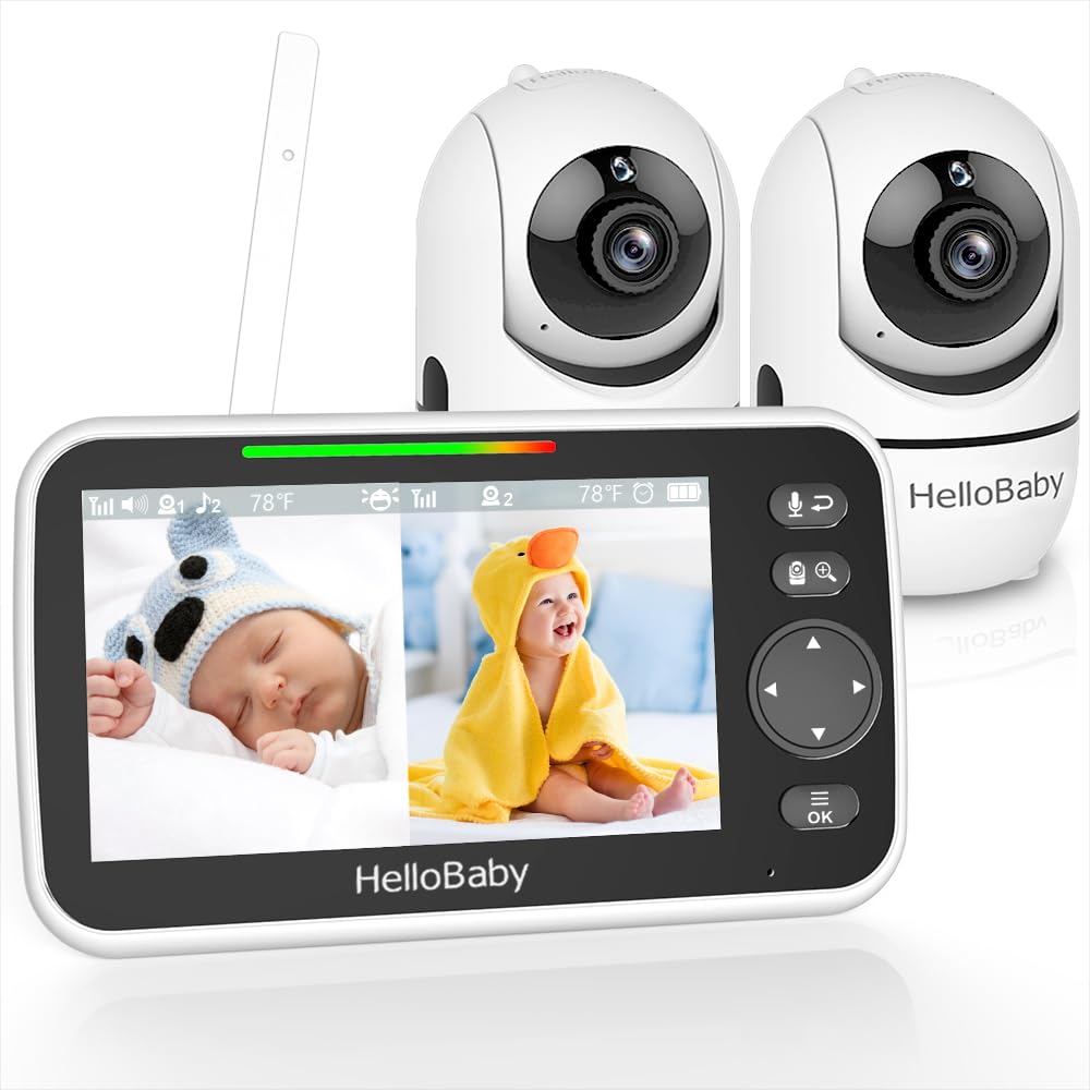HelloBaby Babyphone mit 2 Kameras und Nachtsicht, 12,7 cm (5 Zoll) geteilter Bildschirm mit 26-Stunden-Akku, 2 Kameras Pan-Tilt-Zoom Video Babyphone, kein WLAN, ECO, 2-Wege-Audio, 8 Schlaflieder,