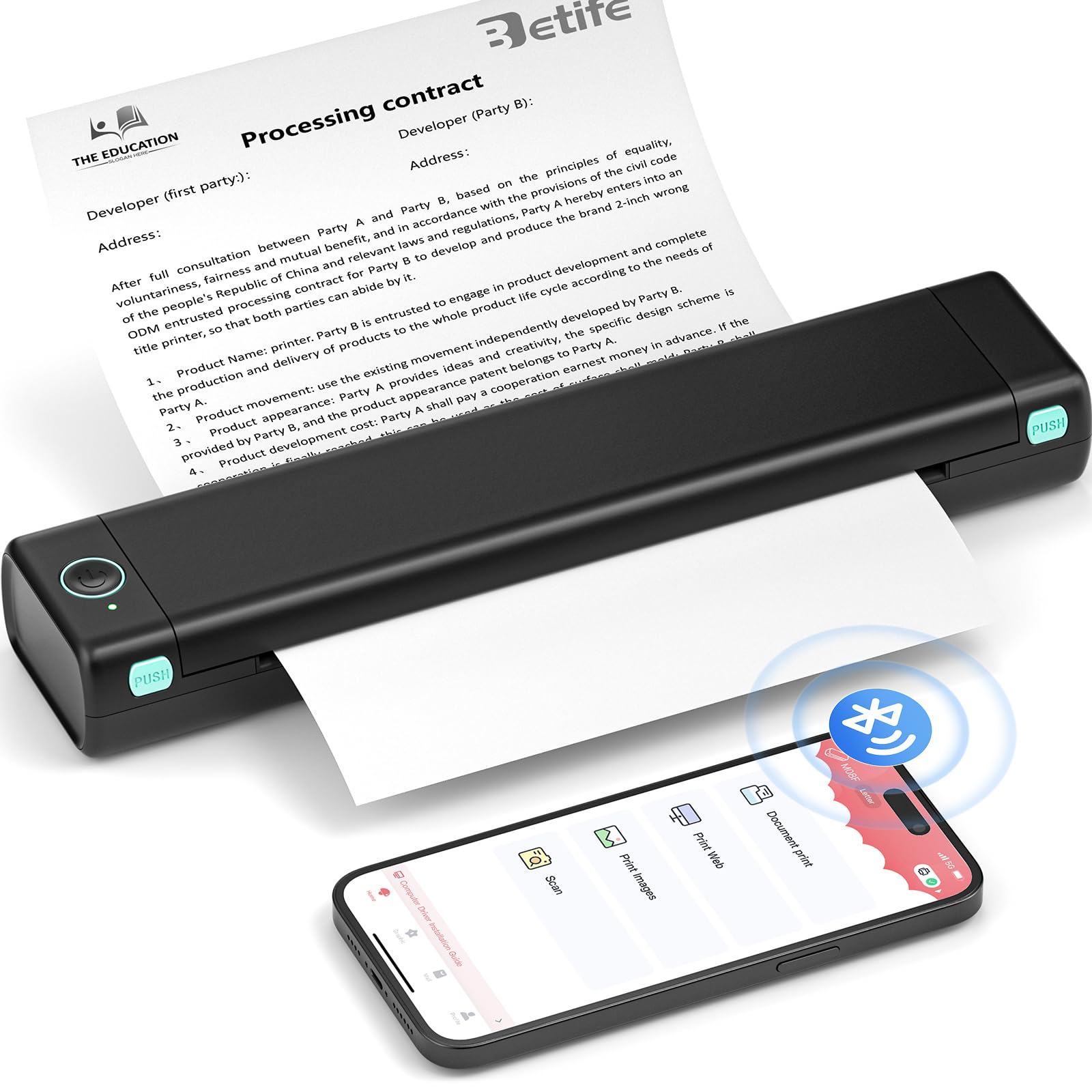 Betife Tragbarer Mobiler Drucker A4 Bluetooth Mini Drucker für die Reise, Kabelloser Thermodrucker ohne patronen unterstützt Thermopapier 210 x 297mm, Kompatibel mit Android iOS Mac (Schwarz)