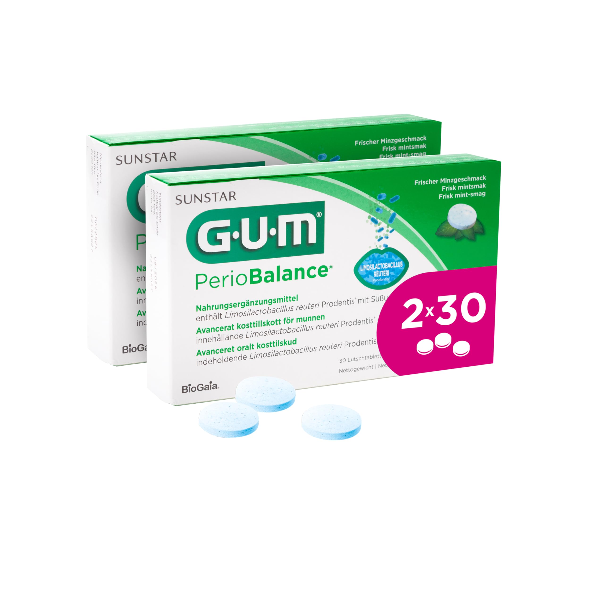 GUM PerioBalance Lutschtabletten/Nahrungsergänzungsmittel für das Zahnfleisch/Enthält das patentierte Bakterium Limosilactobacillus reuteri Prodentis/angenehmer Minzgeschmack / 2 x 30 Stück