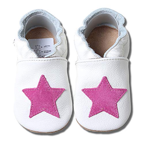 HOBEA-Germany Krabbelschuhe in verschiedenen Designs für Mädchen, weiß mit pinken Stern, Schuhgröße:24/25 (24-30 Mon)