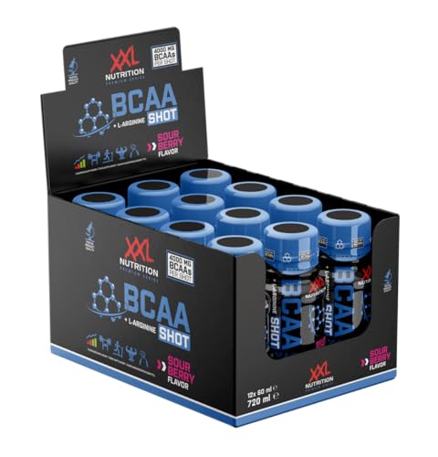 XXL Nutrition - BCAA Shot - Hohe Dosis von BCAAs - Beinhaltet Arginin, Praktischer 60ml Schuss, Hochdosierter Aminosäuren Shot - Sour Berry - 12 Pack