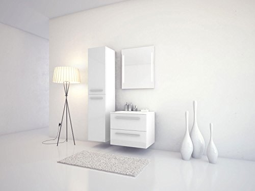 Jokey Badmöbel-Set Libato - 60 cm breit - Weiß Hochglanz - Badezimmermöbel Waschtisch mit Unterschrank Spiegel mit Beleuchtung und Hochschrank Sieper