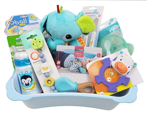 VIP Geschenk zur Geburt Geschenkkorb Taufgeschenk im Trittschemel (Blau - Jungen)