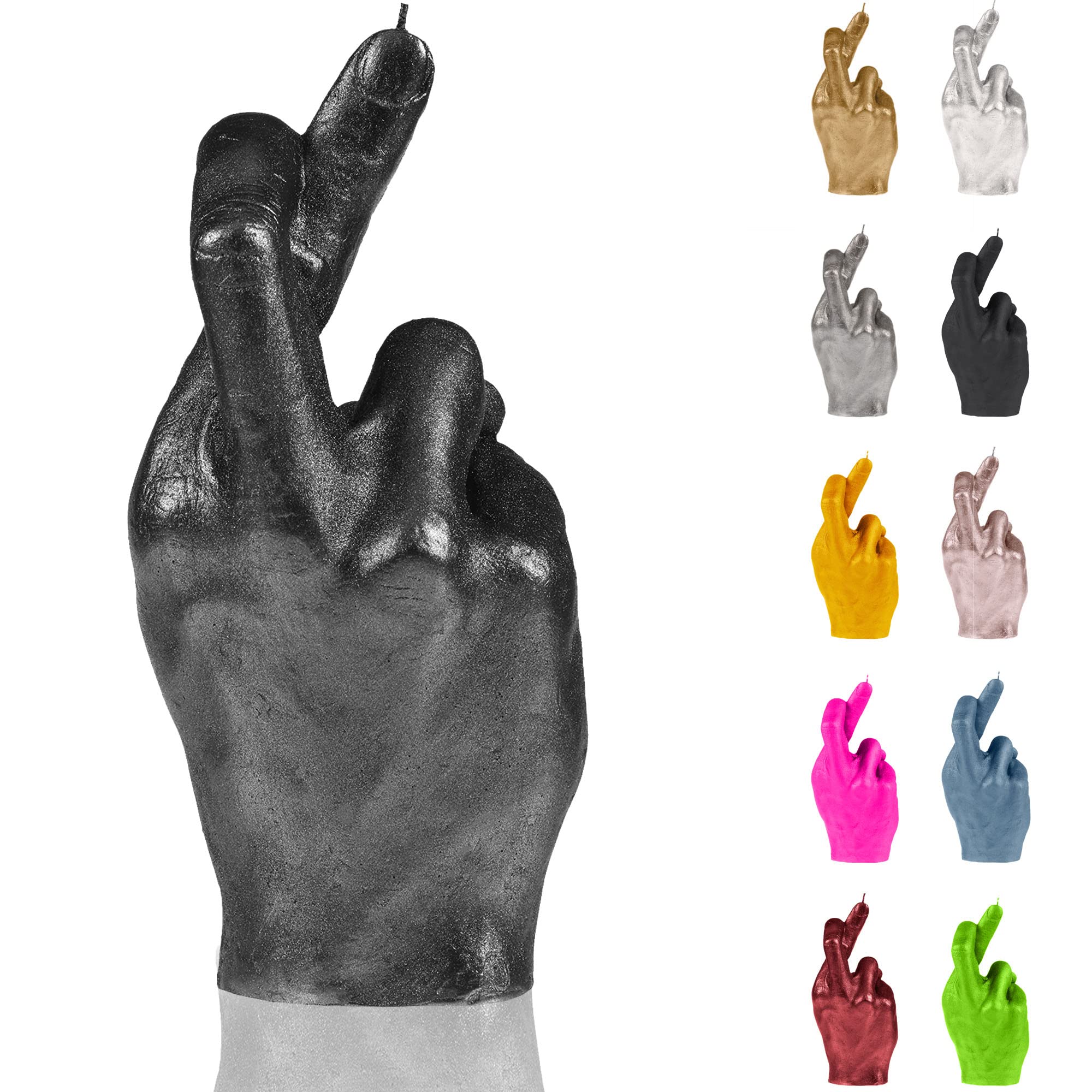 Candellana Kerze Gekreuzte Finger, Höhe: 19,4 cm, Schwarz Metallic, Brennzeit 30h, Kerzengröße gleicht 1:1 Einer realen Hand, Handgefertigt in der EU