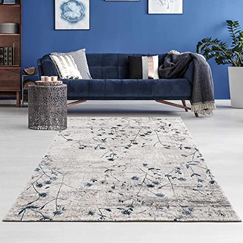 hochwertiger Designer Teppich Antea — Moderne Kurzflor Teppiche — Zimmerteppich im Vintage Design — (160x230cm, Blumen blau)