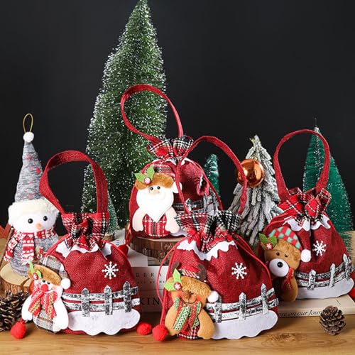 HshDUti Weihnachts-Geschenktüten Weihnachtsgeschenk-Puppentaschen mit Kordelzug, Weihnachts-Strickpuppen-Geschenktüten mit Griff, süße Weihnachtspuppen-Aufbewahrungstasche, Süßigkeiten-Geschenktüte
