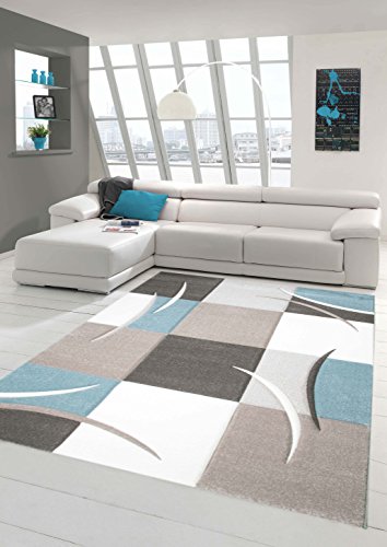 Traum Designer Teppich Moderner Teppich Wohnzimmer Teppich Kurzflor Teppich mit Konturenschnitt Karo Muster Pastellfarben Blau Creme Beige Dunkelgrau Größe 80x150 cm