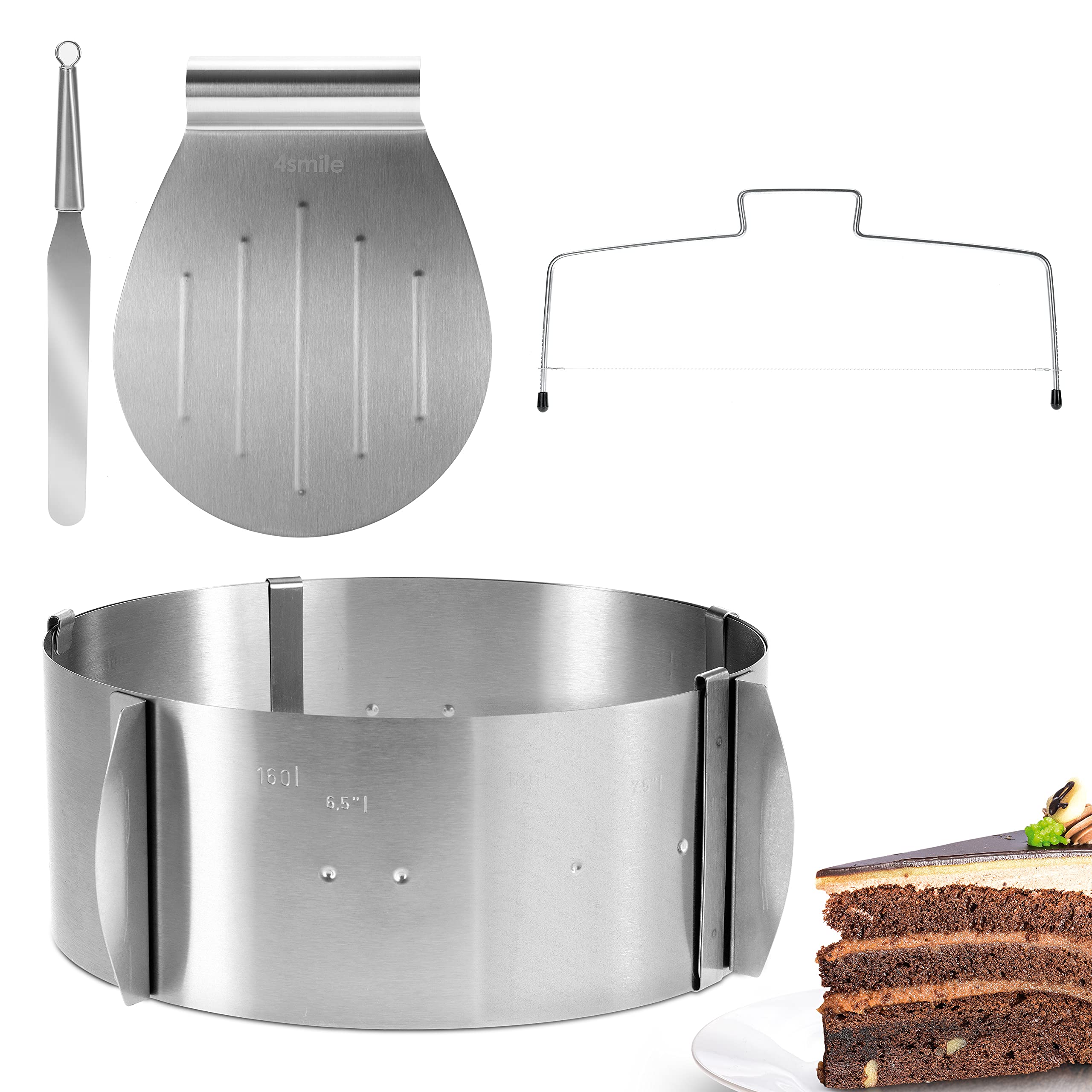 4smile Torten-Zubehör-Set – 4 Teile, Edelstahl - Tortenring verstellbar hoch 8,5cm + Tortenschneider + Tortenheber + Streichmesser - Komplett-Set für die Torten-Zubereitung