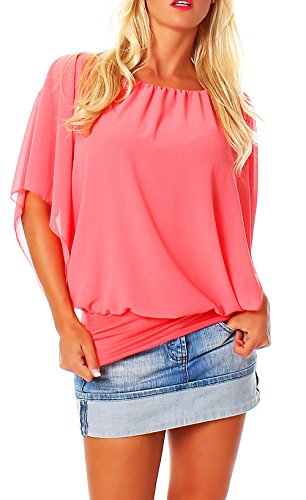 Damen Bluse im Fledermaus Look | Tunika mit Rundhals und breitem Bund | Blusenshirt Kurzarm | Elegant - Shirt 6296 (Coral)