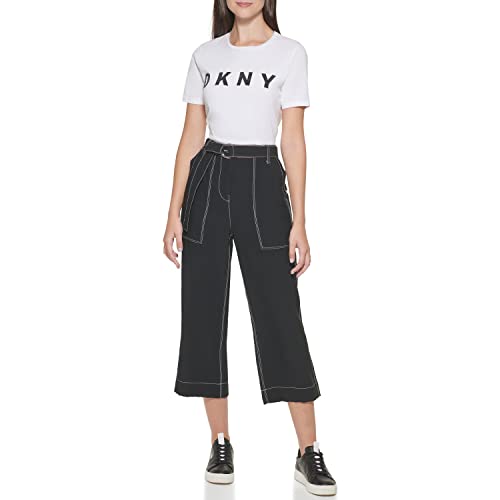 DKNY Women's Cropped Wide-Leg Trousers with Belt Business Casual Pants, Black, 36