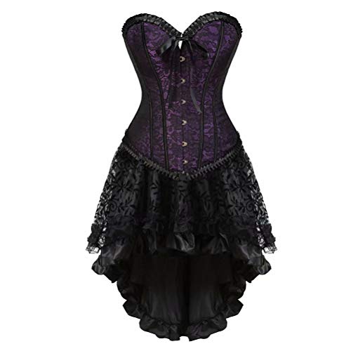 Josamogre Korsett Kleid Damen Rock Set Corset Dress Corsagenkleid Spitze Asymmetrisch Violett L