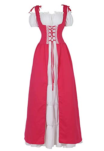 Josamogre Renaissance Mittelalter Kleid Sommerkleid Kurzarm Damen mit trompetenärmel Party Kostüm Vintage Retro Costume Cosplay bodenlang Rot S