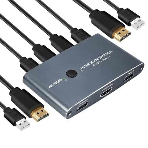 2 Port KVM Switch 4K 60Hz, Aluminium HDMI KVM Switch USB HDMI Umschalter für 2 Computer teilen 1 HD Monitor und Tastatur, Maus, Drucker, U-Disk
