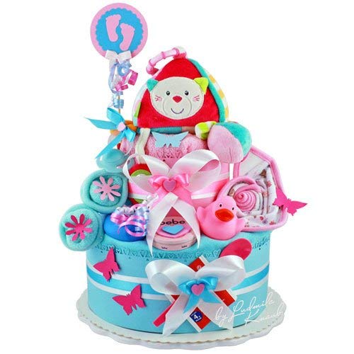 MomsStory - Windeltorte Mädchen | Baby-Geschenk zur Geburt Taufe Babyshower | 2 Stöckig (Türkis-Rosa) mit Baby-Spielzeug Lätzchen Söckchen Schnuller & mehr