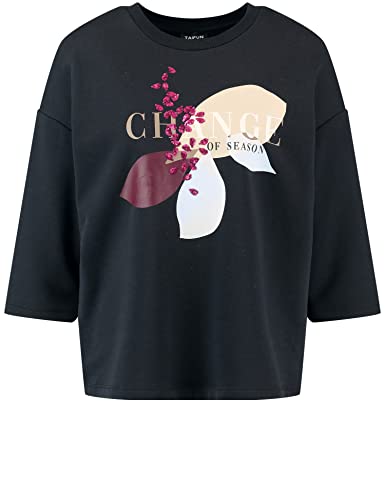 Taifun Damen Sweatshirt mit verziertem Front-Print 3/4 Arm, überschnittene Schultern T-Shirt 3/4 Arm Rundhals Sweatshirt unifarben, Frontprint Navy Gemustert 44