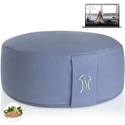 BACKLAxx ® Meditationskissen Yogakissen mit Buchweizenfüllung – Sitzhöhe 15cm und Sitzbreite 35cm – Yoga Sitzkissen rund inkl. Videokurs – Sitzkissen Boden Yogakissen rund Meditationskissen Set