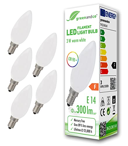 greenandco 5x CRI90+ LED Lampe ersetzt 28 Watt E14 Kerze matt, 3W 300 Lumen 2700K warmweiß Filament Fadenlampe 360° 230V AC nur Glas, nicht dimmbar, flimmerfrei, 2 Jahre Garantie