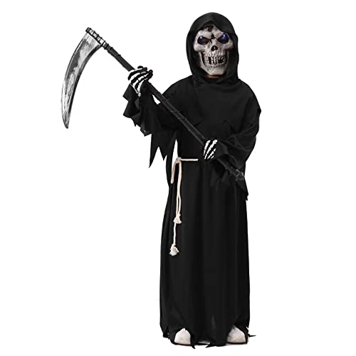 NA# Jungen Kostüm Sensenmann Teufel Halloween Kostüme für Kinder mit LED-Horrormaske und Sichel Schwarz 3-4 Jahre