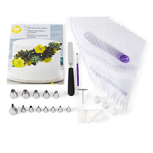 Wilton How to Pipe Simple Icing Flowers Kit -68-Piece Cake Decorating Kit with Spatula, Decorating Bags, Couplers, Decorating Brush, Decorating Tips, Flower Squares, Recipe and Tutorial Video