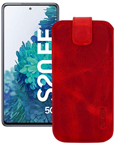 Suncase Leder Tasche kompatibel mit Samsung Galaxy S20 FE (5G) Hülle mit ZUSÄTZLICHER Transparent Case | Schale | Silikon Bumper Handytasche (mit Rückzugsfunktion und Magnetverschluss) in antik-rot