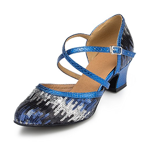 URVIP Neuheiten Frauen's Pailletten Heels Absatzschuhe Moderne Latein-Schuhe mit Knöchelriemen Tanzschuhe LD026 Blau 37 EU