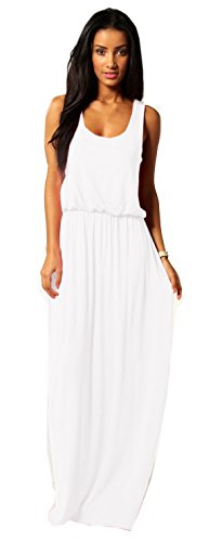 Mikos Damen-Kleid, Bodenlanges Maxikleid, ideal für Sommer und Urlaub, Boho-Style S M L 36 38 40 (369) (Weiß, S/M)