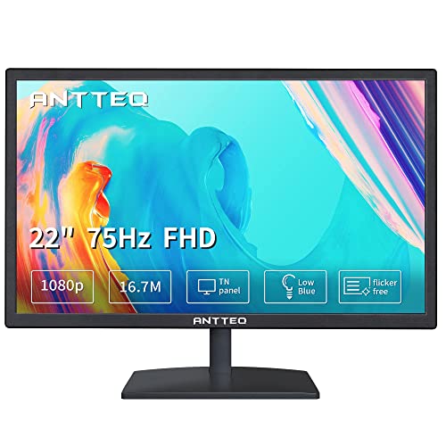 AntteQ 22 Zoll Business Computer Monitor, Desktop Gaming Monitor, FHD 1080p, 75hz, Eye Comfort, sRGB 99% Farbumfangs, (Ultradünne Blende, HDMI, VGA, Neigbar, VESA 75x75), PC Bildschirm, Schwarz