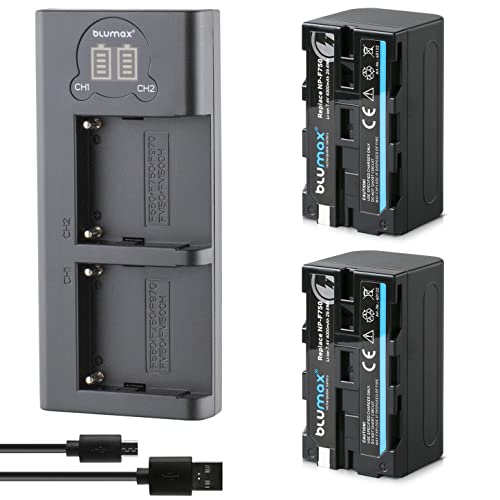 2X Blumax Akku NP-F750 / NP-F550 4000mAh + Slim Dual Ladegerät | kompatibel mit Sony NP-F970 NP-F960 NP-F990 für Blitzgeräte Videoleuchten Fieldmonitore