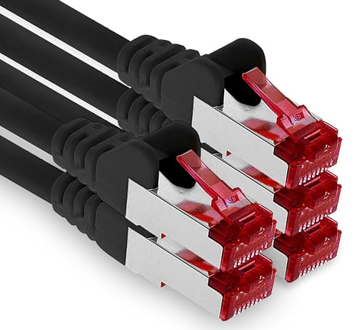 1aTTack.de Netzwerkkabel Cat 6 (10m - schwarz - 5 Stück) Ethernetkabel Cat Kabel Lankabel Cat6 (SFTP PIMF) doppelt geschirmt Patchkabel Set 1000 Mbit/s Internet DSL Anschluss Router Computer