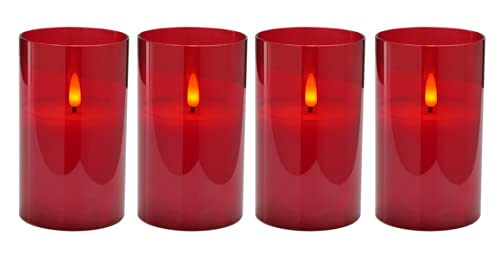 Hochwertige LED Adventskerzen im Glas - 4er Kerzenset / Sparset - Timer - Realistisch Flackernd - Kerze Weihnachten / Weihnachtskerzen / Adventskranz (Rot, Mittel - Höhe 12,5cm / Ø 7,5cm)