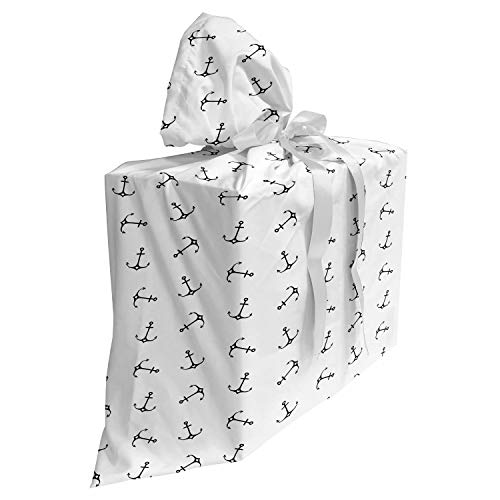ABAKUHAUS Anker Baby Shower Geschänksverpackung aus Stoff, Nautik-Arrangements, 3x Bändern Wiederbenutzbar, 70 x 80 cm, Schwarz und weiß